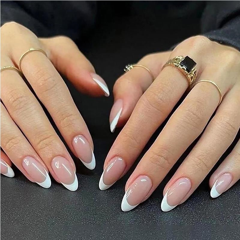 24 PCS Minimalist Nail Art With Short Circles Press On Nails Short Almond Fake Nails Oval French Tip False Nails - East Pass Shopping Store